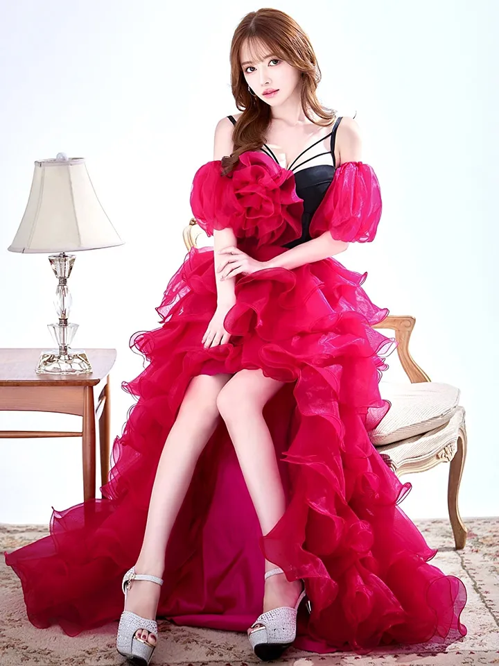 【CLEO CLOE/ クレオ クロエ】パーティードレス/ ステージドレス/ イベントドレス/ 立体フラワー/ 2way/ 袖付き/ チュール/ ティアードフリル/ テールカット/ フレア/ セットアップ/ ロングドレス1