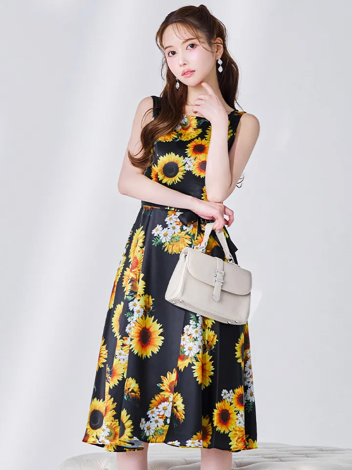 【GINZA COUTURE/銀座クチュール】プリント/ ひまわり/ 花柄/ ノースリーブ/ フレア/ Aライン/ ワンピース/ ミディアムドレス/ キャバドレス1