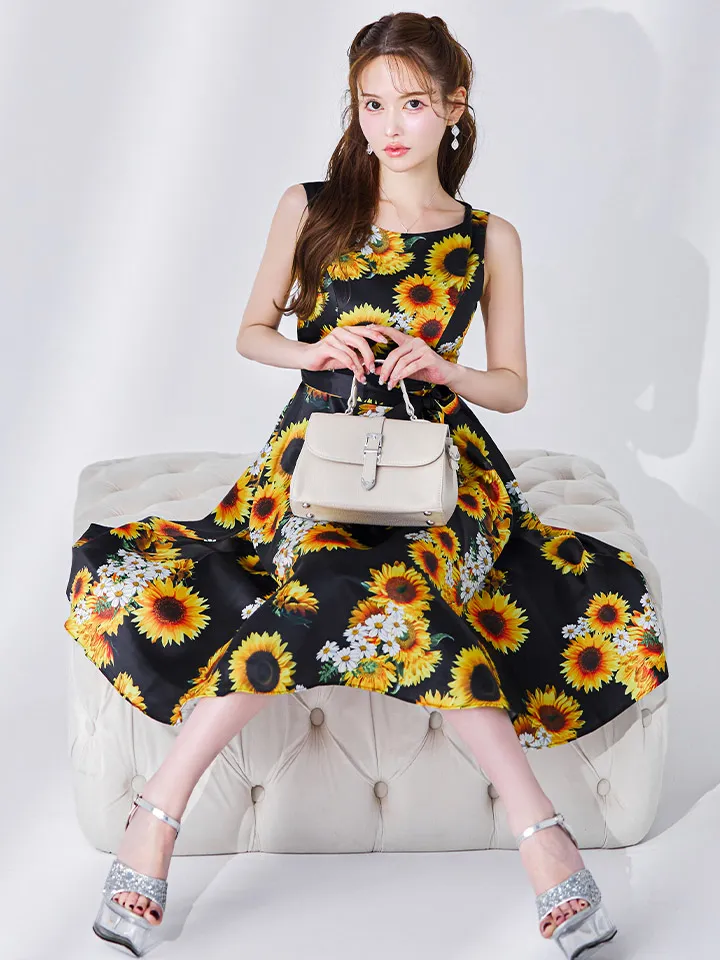 【GINZA COUTURE/銀座クチュール】プリント/ ひまわり/ 花柄/ ノースリーブ/ フレア/ Aライン/ ワンピース/ ミディアムドレス/ キャバドレス2