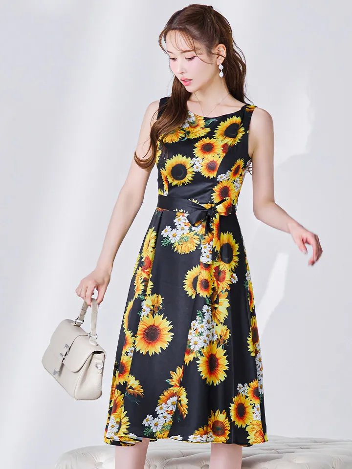 【GINZA COUTURE/銀座クチュール】プリント/ ひまわり/ 花柄/ ノースリーブ/ フレア/ Aライン/ ワンピース/ ミディアムドレス/ キャバドレス4