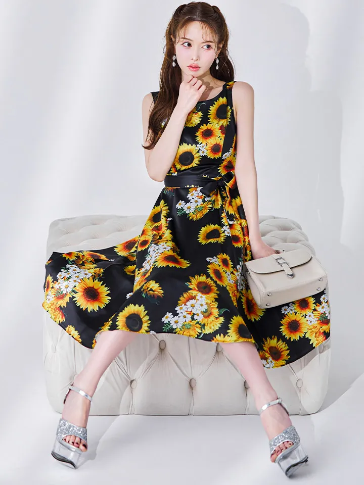 【GINZA COUTURE/銀座クチュール】プリント/ ひまわり/ 花柄/ ノースリーブ/ フレア/ Aライン/ ワンピース/ ミディアムドレス/ キャバドレス5