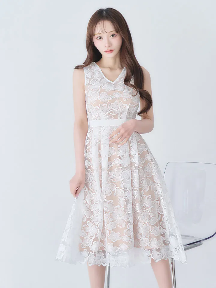 【GINZA COUTURE/銀座クチュール】総レース/ スパンコール/ Vネック/ ウエストマーク/ Aライン/ ミディアムドレス/ ワンピース/ キャバドレス3