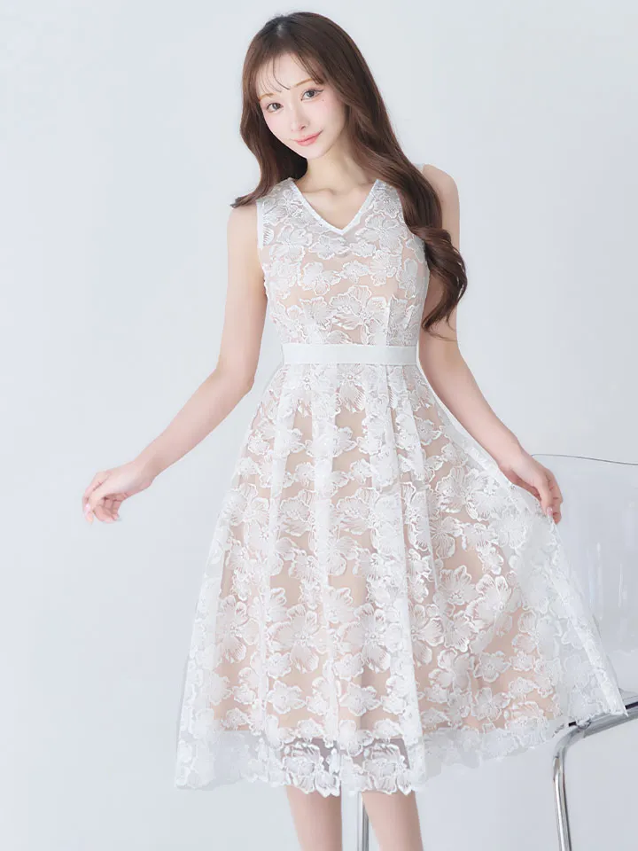 【GINZA COUTURE/銀座クチュール】総レース/ スパンコール/ Vネック/ ウエストマーク/ Aライン/ ミディアムドレス/ ワンピース/ キャバドレス5