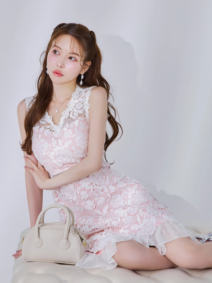 【GINZA COUTURE/銀座クチュール】フラワーレース/ ノースリーブ/ Vネック/ 切替/ フレア/ Aライン/ ワンピース/ ミニドレス/ キャバドレス5