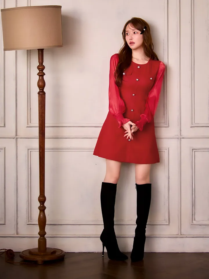 【GINZA COUTURE/銀座クチュール】ビジューボタン/ シアースリーブ/ 長袖/ ポケットデザイン/ 膝丈/ Aライン/ ミディアムドレス/ キャバドレス1