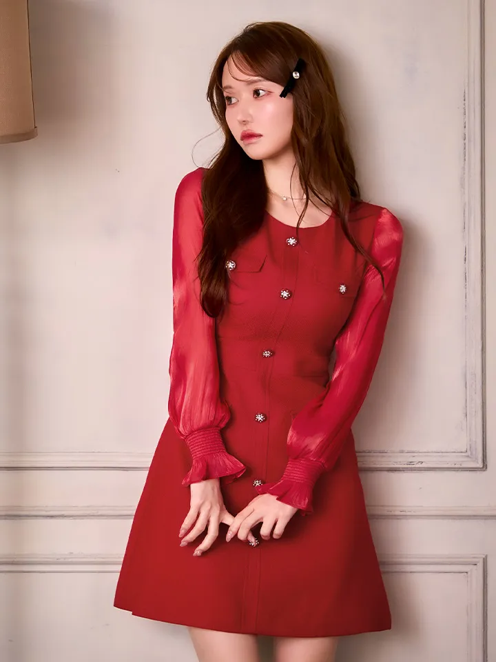 【GINZA COUTURE/銀座クチュール】ビジューボタン/ シアースリーブ/ 長袖/ ポケットデザイン/ 膝丈/ Aライン/ ミディアムドレス/ キャバドレス3