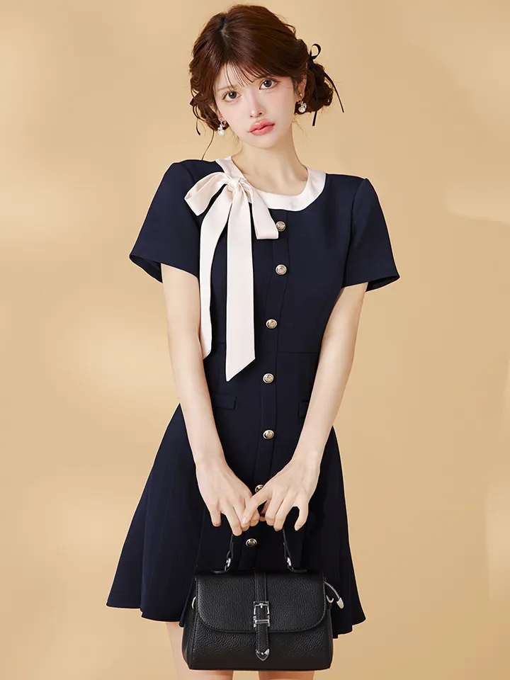 【GINZA COUTURE/銀座クチュール】バイカラー/ リボン/ 半袖/ 袖あり/ プリーツ/ フレア/ Aライン/ ワンピース/ ミニドレス/ キャバドレス1