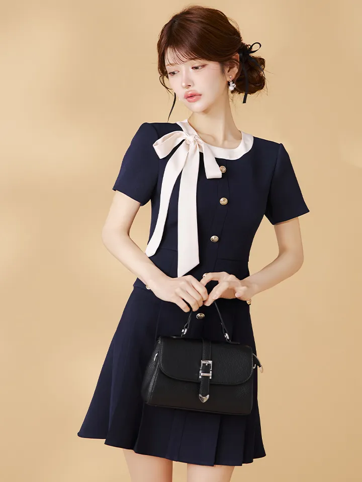 【GINZA COUTURE/銀座クチュール】バイカラー/ リボン/ 半袖/ 袖あり/ プリーツ/ フレア/ Aライン/ ワンピース/ ミニドレス/ キャバドレス3