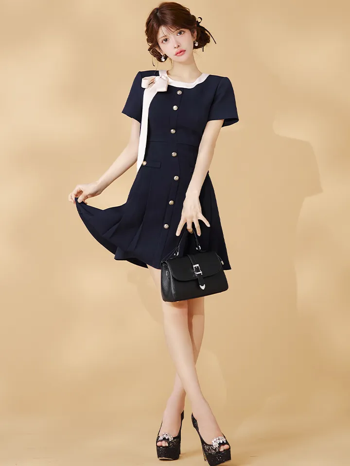 【GINZA COUTURE/銀座クチュール】バイカラー/ リボン/ 半袖/ 袖あり/ プリーツ/ フレア/ Aライン/ ワンピース/ ミニドレス/ キャバドレス5