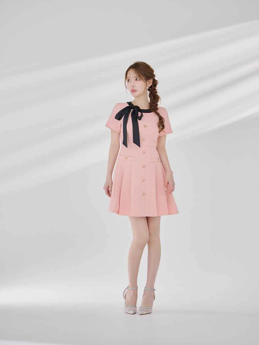 【GINZA COUTURE/銀座クチュール】バイカラー/ リボン/ 半袖/ 袖あり/ プリーツ/ フレア/ Aライン/ ワンピース/ ミニドレス/ キャバドレス1