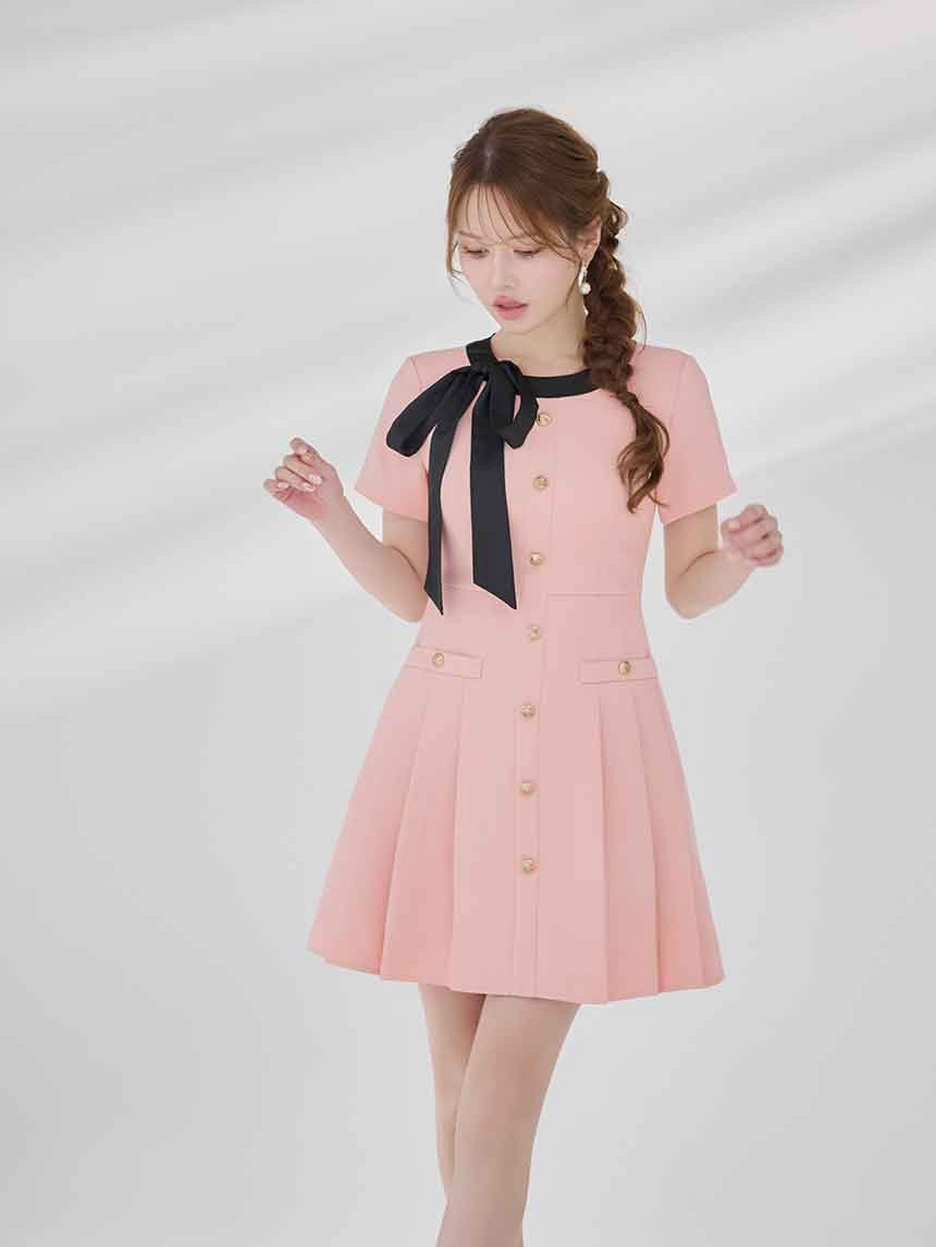 【GINZA COUTURE/銀座クチュール】バイカラー/ リボン/ 半袖/ 袖あり/ プリーツ/ フレア/ Aライン/ ワンピース/ ミニドレス/ キャバドレス3