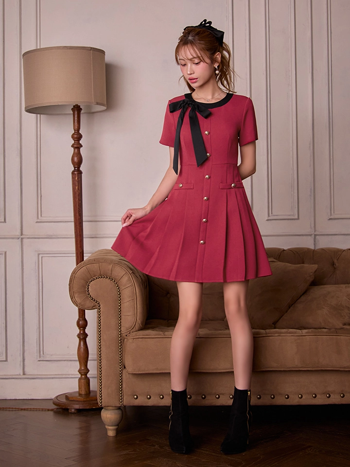 【GINZA COUTURE/銀座クチュール】バイカラー/ リボン/ 半袖/ 袖あり/ プリーツ/ フレア/ Aライン/ ワンピース/ ミニドレス/ キャバドレス1