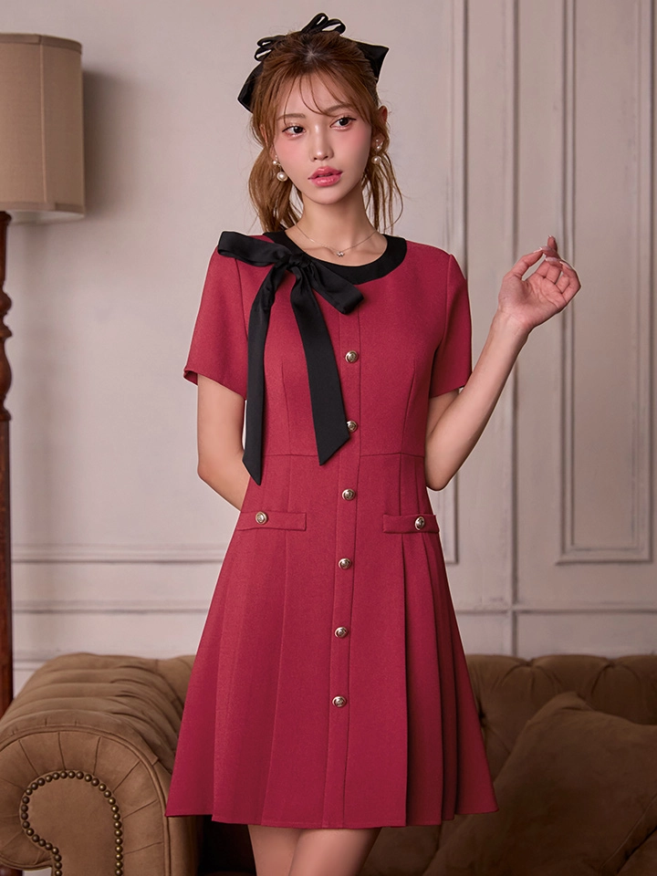 【GINZA COUTURE/銀座クチュール】バイカラー/ リボン/ 半袖/ 袖あり/ プリーツ/ フレア/ Aライン/ ワンピース/ ミニドレス/ キャバドレス2