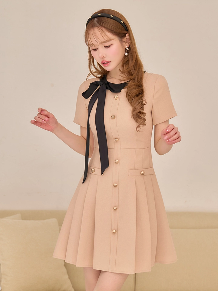 【GINZA COUTURE/銀座クチュール】バイカラー/ リボン/ 半袖/ 袖あり/ プリーツ/ フレア/ Aライン/ ワンピース/ ミニドレス/ キャバドレス[OF2]2