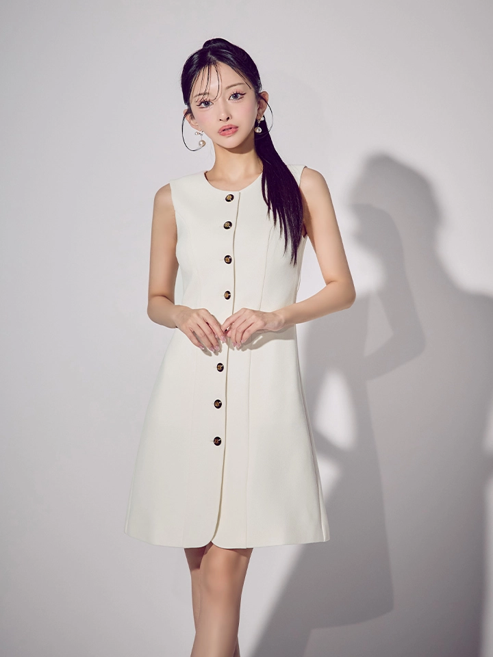 【GINZA COUTURE/銀座クチュール】フロントボタン/ ノースリーブ/ ハニカム生地/ 金ボタン/ ポケット/ フレア/ Aライン/ ワンピース/ ミディアムドレス/ キャバドレス3