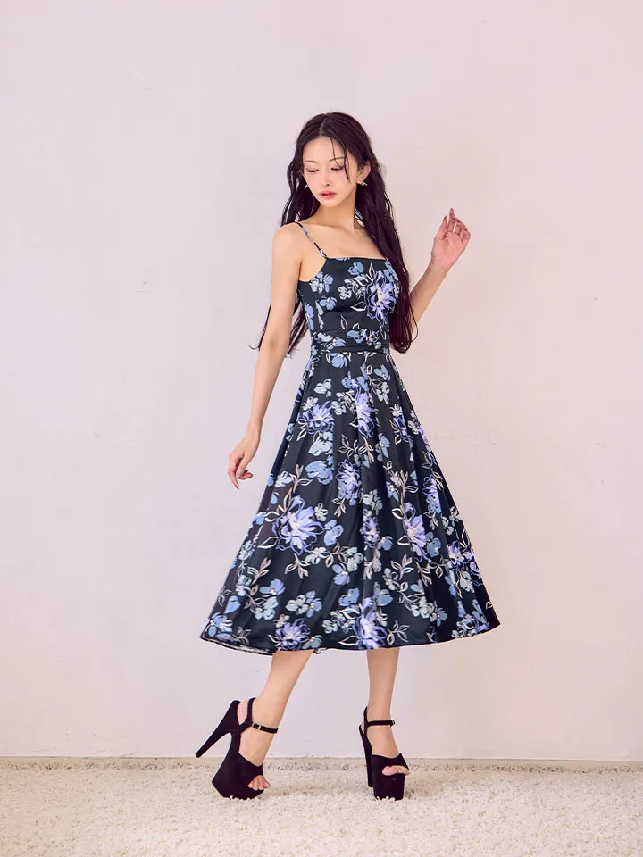 【GINZA COUTURE/銀座クチュール】キャミソール/ サテン/ フラワープリント/ タックスカート/ Aライン/ ワンピース/ ミモレ丈/ ミディアムドレス/ キャバドレス2