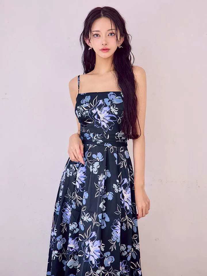 【GINZA COUTURE/銀座クチュール】キャミソール/ サテン/ フラワープリント/ タックスカート/ Aライン/ ワンピース/ ミモレ丈/ ミディアムドレス/ キャバドレス3