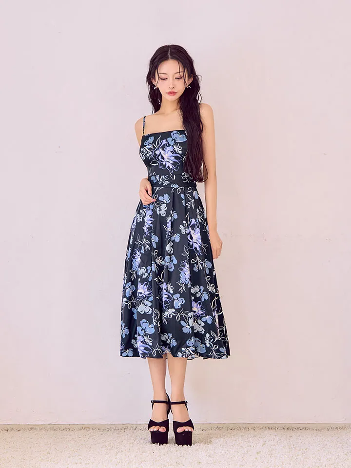 【GINZA COUTURE/銀座クチュール】キャミソール/ サテン/ フラワープリント/ タックスカート/ Aライン/ ワンピース/ ミモレ丈/ ミディアムドレス/ キャバドレス4