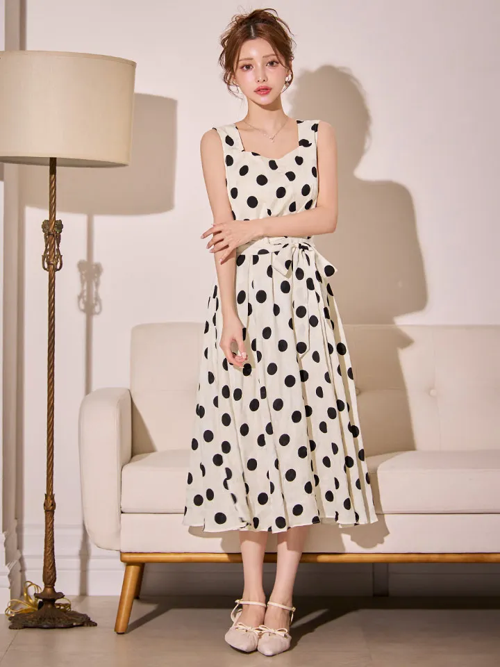 【GINZA COUTURE/銀座クチュール】ドット/ サテンジャガード/ 花柄/ ノースリーブ/ リボンベルト/ Aライン/ フレア/ ワンピース/ ミディアムドレス/ キャバドレス1