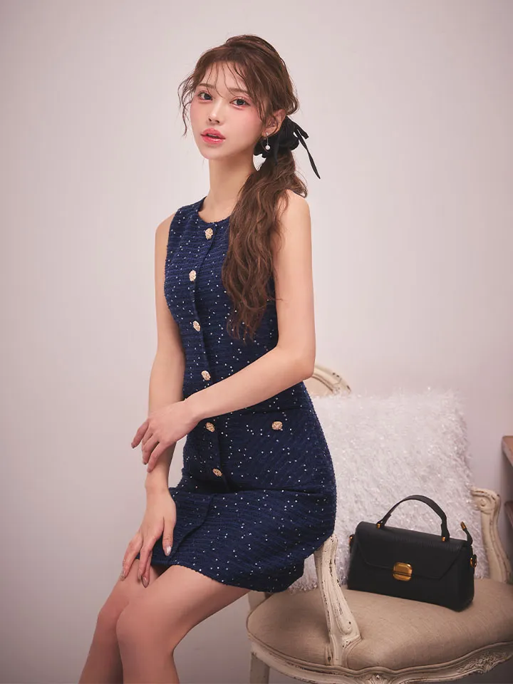 【GINZA COUTURE/銀座クチュール】ツイード/ スパンコール/ ボタン/ ノースリーブ/ Aライン/ 膝丈/ ワンピース/ ミディアムドレス/ キャバドレス2
