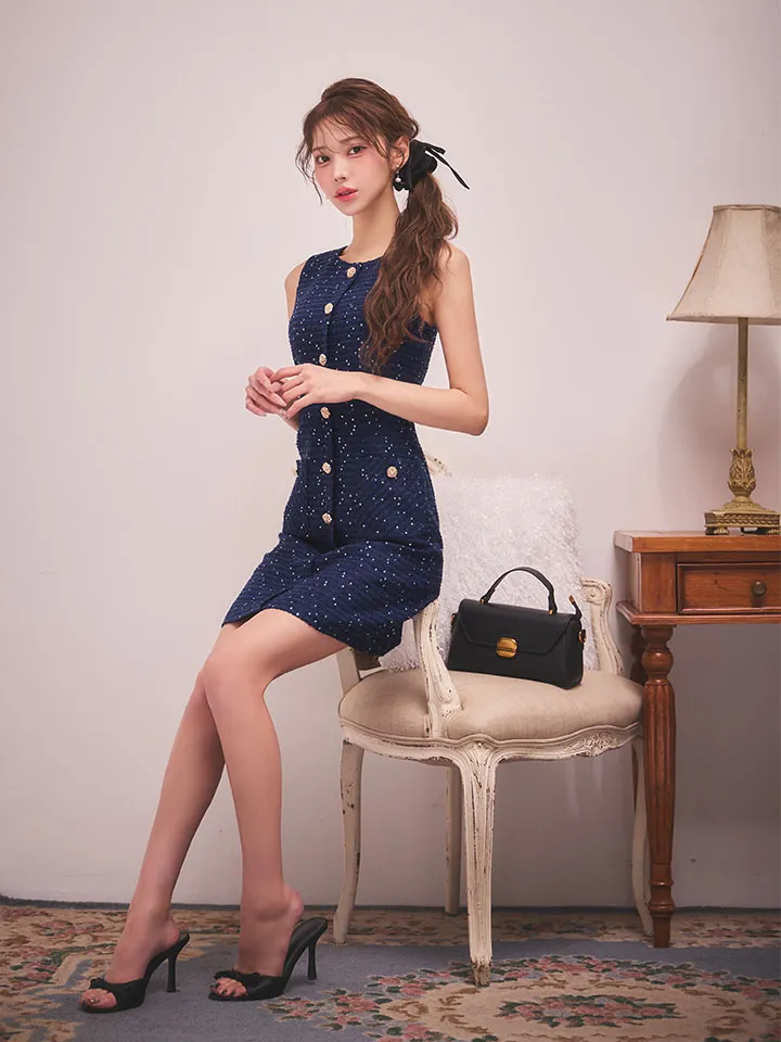 【GINZA COUTURE/銀座クチュール】ツイード/ スパンコール/ ボタン/ ノースリーブ/ Aライン/ 膝丈/ ワンピース/ ミディアムドレス/ キャバドレス4