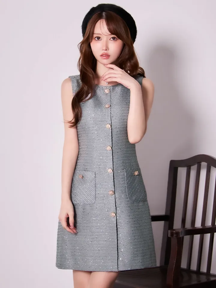 【GINZA COUTURE/銀座クチュール】ツイード/ スパンコール/ ボタン/ ノースリーブ/ Aライン/ 膝丈/ ワンピース/ ミディアムドレス/ キャバドレス1
