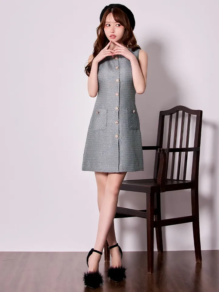 【GINZA COUTURE/銀座クチュール】ツイード/ スパンコール/ ボタン/ ノースリーブ/ Aライン/ 膝丈/ ワンピース/ ミディアムドレス/ キャバドレス5