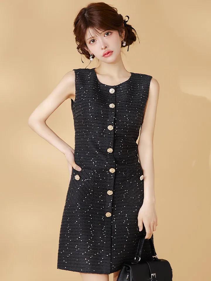 【GINZA COUTURE/銀座クチュール】ツイード/ スパンコール/ ボタン/ ノースリーブ/ Aライン/ 膝丈/ ワンピース/ ミディアムドレス/ キャバドレス1