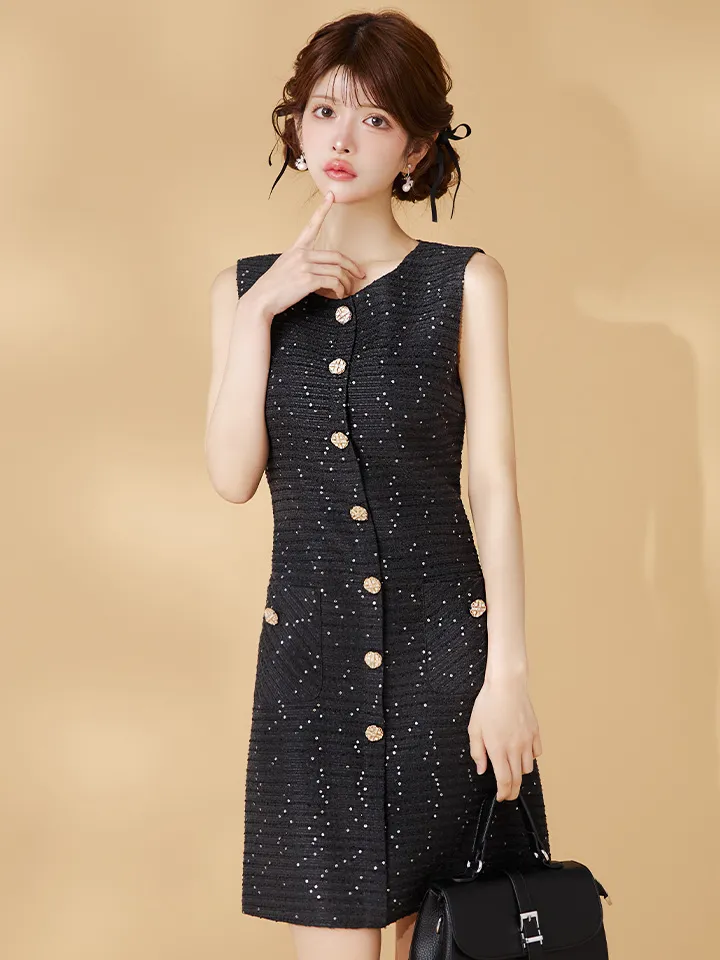 【GINZA COUTURE/銀座クチュール】ツイード/ スパンコール/ ボタン/ ノースリーブ/ Aライン/ 膝丈/ ワンピース/ ミディアムドレス/ キャバドレス2
