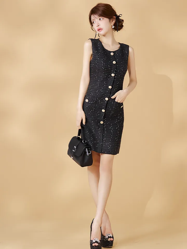 【GINZA COUTURE/銀座クチュール】ツイード/ スパンコール/ ボタン/ ノースリーブ/ Aライン/ 膝丈/ ワンピース/ ミディアムドレス/ キャバドレス3