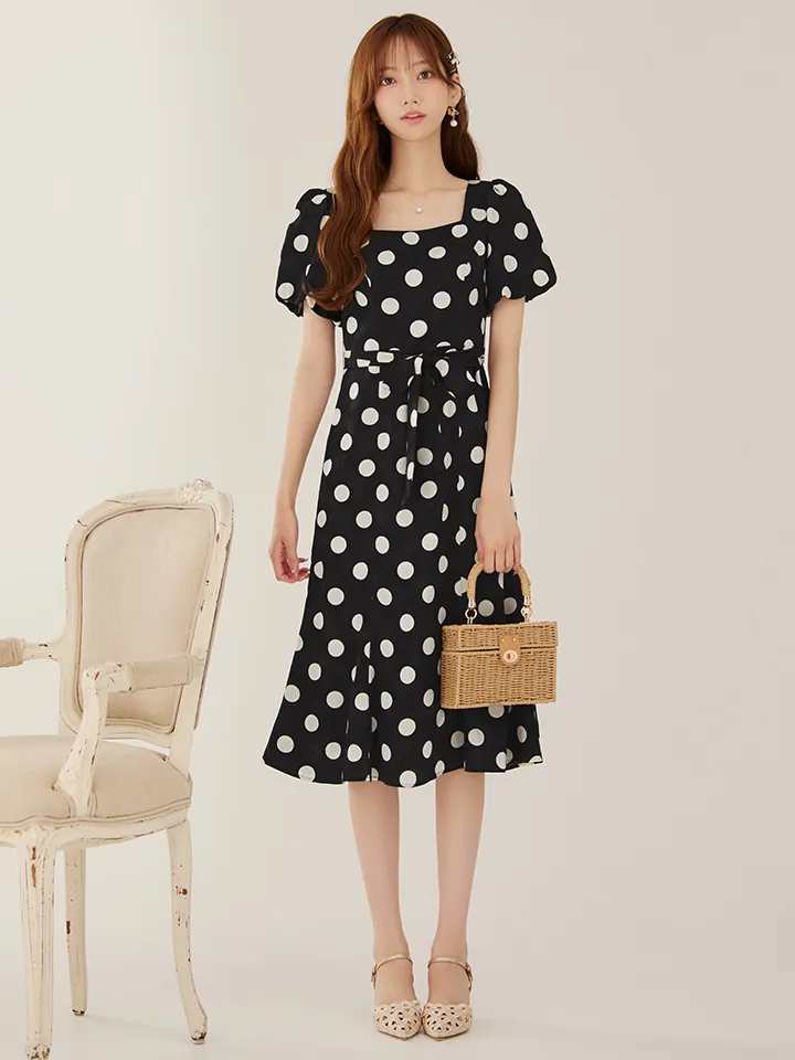 【GINZA COUTURE/銀座クチュール】ドットプリント/ 水玉/ 半袖/ 袖あり/ パフスリーブ/ リボンベルト/ Aライン/ ミディアム丈/ ワンピース/ ミディアムドレス/ キャバドレス1