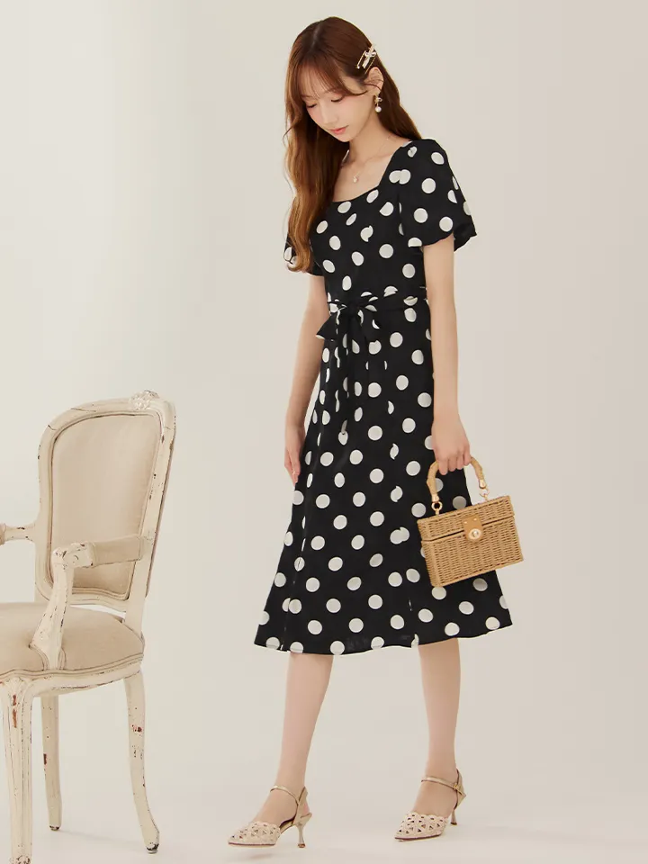 【GINZA COUTURE/銀座クチュール】ドットプリント/ 水玉/ 半袖/ 袖あり/ パフスリーブ/ リボンベルト/ Aライン/ ミディアム丈/ ワンピース/ ミディアムドレス/ キャバドレス2