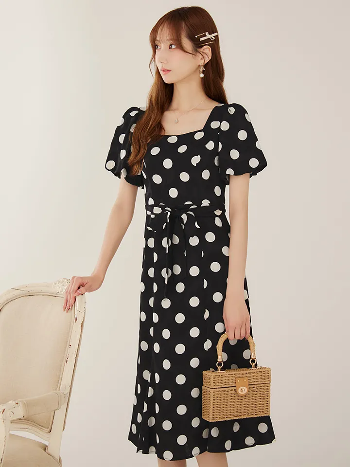 【GINZA COUTURE/銀座クチュール】ドットプリント/ 水玉/ 半袖/ 袖あり/ パフスリーブ/ リボンベルト/ Aライン/ ミディアム丈/ ワンピース/ ミディアムドレス/ キャバドレス3