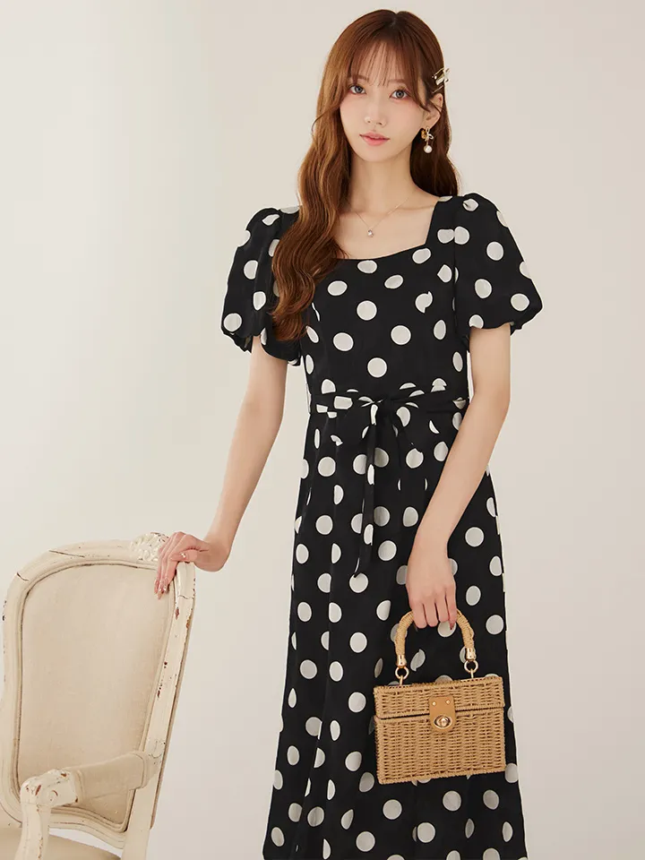 【GINZA COUTURE/銀座クチュール】ドットプリント/ 水玉/ 半袖/ 袖あり/ パフスリーブ/ リボンベルト/ Aライン/ ミディアム丈/ ワンピース/ ミディアムドレス/ キャバドレス4