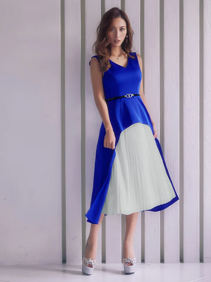 【GINZA COUTURE/銀座クチュール】バイカラー/ ノースリーブ/ Vネック/ レイヤード/ プリーツ/ ベルト付き/ Aライン/ 膝丈/ ワンピース/ ミディアムドレス/ キャバドレス1