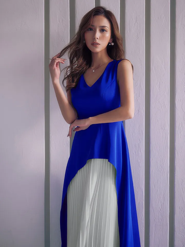 【GINZA COUTURE/銀座クチュール】バイカラー/ ノースリーブ/ Vネック/ レイヤード/ プリーツ/ ベルト付き/ Aライン/ 膝丈/ ワンピース/ ミディアムドレス/ キャバドレス2