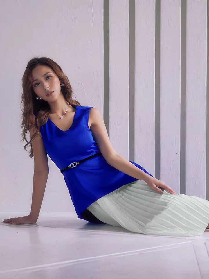 【GINZA COUTURE/銀座クチュール】バイカラー/ ノースリーブ/ Vネック/ レイヤード/ プリーツ/ ベルト付き/ Aライン/ 膝丈/ ワンピース/ ミディアムドレス/ キャバドレス5