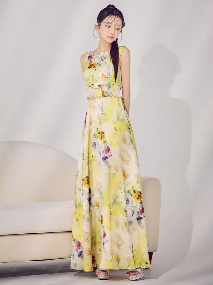 【GINZA COUTURE/銀座クチュール】フラワー柄/ プリント/ シワ加工サテン/ ウエストリブ/ ノースリーブ/ ハイウエスト/ Aライン/ フレア/ ワンピース/ ロングドレス/ キャバドレス1