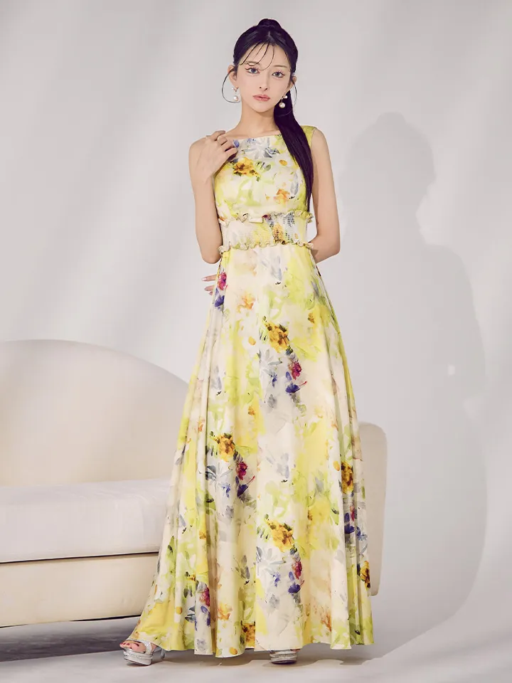 【GINZA COUTURE/銀座クチュール】フラワー柄/ プリント/ シワ加工サテン/ ウエストリブ/ ノースリーブ/ ハイウエスト/ Aライン/ フレア/ ワンピース/ ロングドレス/ キャバドレス2