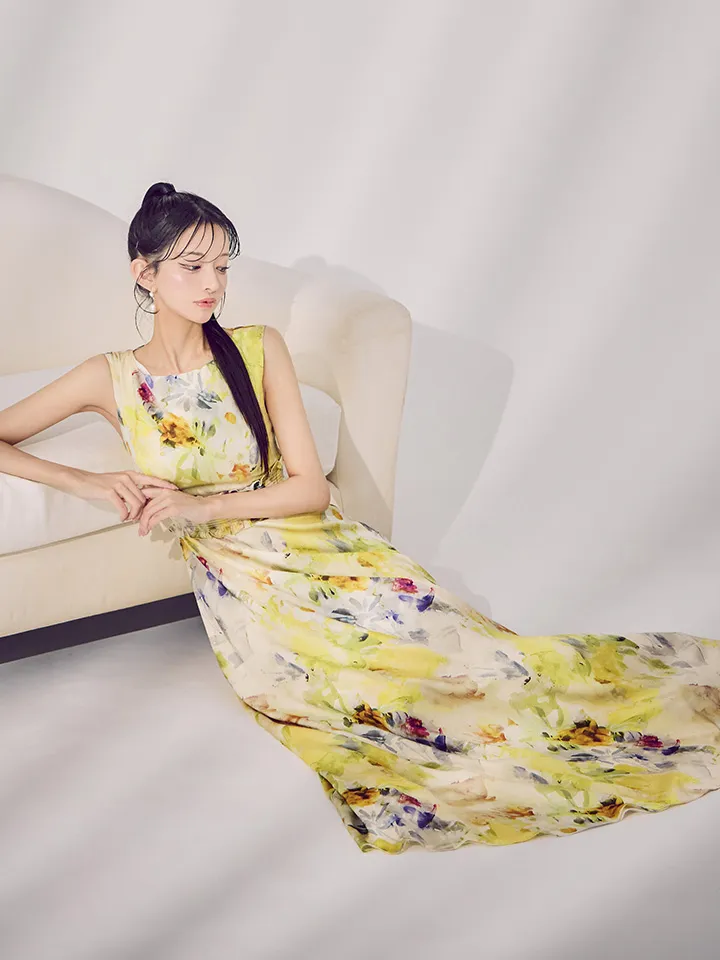 【GINZA COUTURE/銀座クチュール】フラワー柄/ プリント/ シワ加工サテン/ ウエストリブ/ ノースリーブ/ ハイウエスト/ Aライン/ フレア/ ワンピース/ ロングドレス/ キャバドレス3