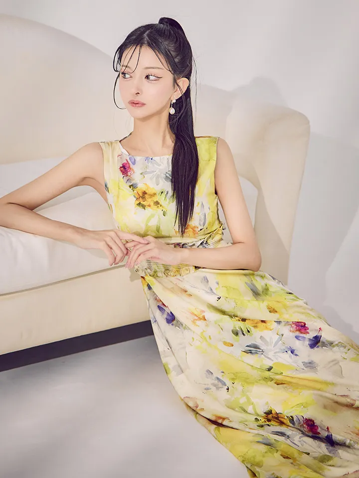 【GINZA COUTURE/銀座クチュール】フラワー柄/ プリント/ シワ加工サテン/ ウエストリブ/ ノースリーブ/ ハイウエスト/ Aライン/ フレア/ ワンピース/ ロングドレス/ キャバドレス4