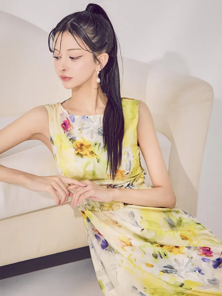 【GINZA COUTURE/銀座クチュール】フラワー柄/ プリント/ シワ加工サテン/ ウエストリブ/ ノースリーブ/ ハイウエスト/ Aライン/ フレア/ ワンピース/ ロングドレス/ キャバドレス5