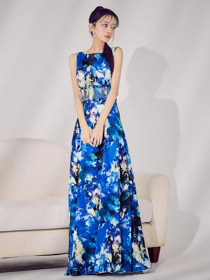 【GINZA COUTURE/銀座クチュール】フラワー柄/ プリント/ シワ加工サテン/ ウエストリブ/ ノースリーブ/ ハイウエスト/ Aライン/ フレア/ ワンピース/ ロングドレス/ キャバドレス1