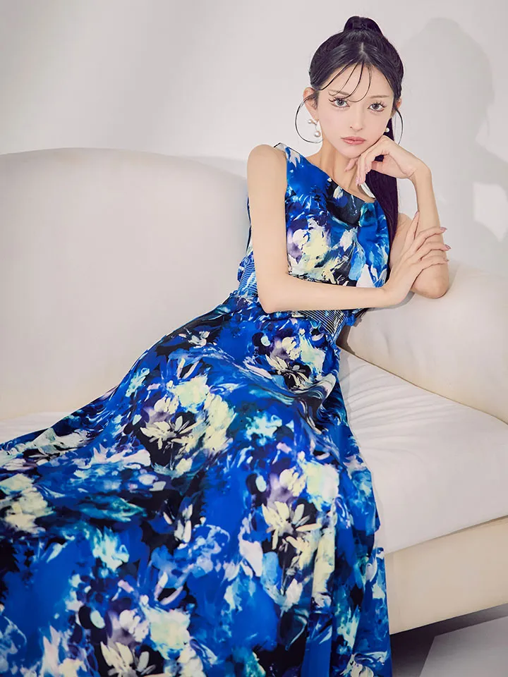 【GINZA COUTURE/銀座クチュール】フラワー柄/ プリント/ シワ加工サテン/ ウエストリブ/ ノースリーブ/ ハイウエスト/ Aライン/ フレア/ ワンピース/ ロングドレス/ キャバドレス3