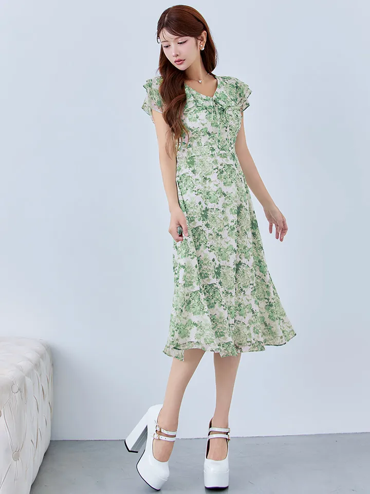 【GINZA COUTURE/銀座クチュール】フリルカラー/ フリルスリーブ/ リボン/ プリント/ シフォン/ 切替/ Aライン/ フレア/ 膝丈/ ミディアムドレス/ キャバドレス4
