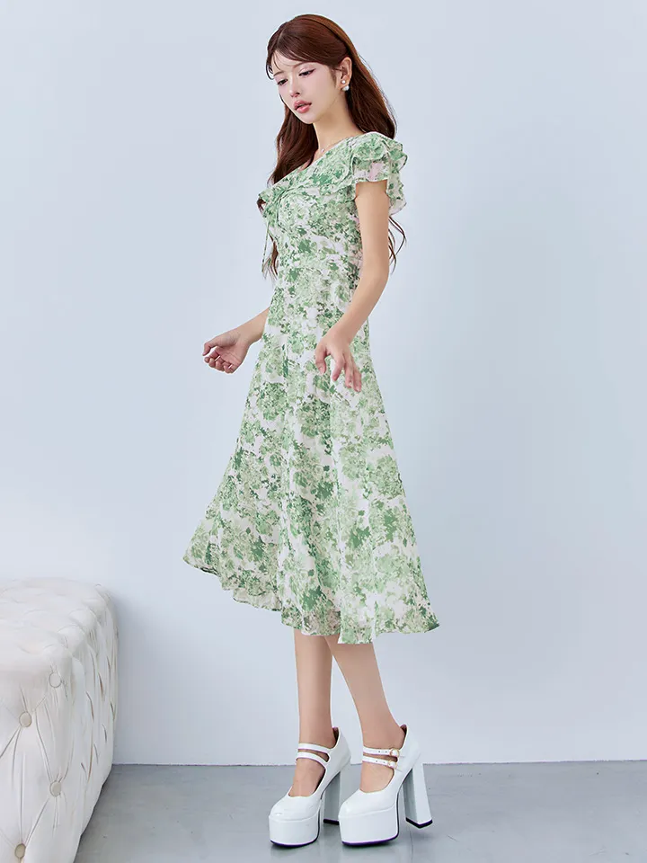 【GINZA COUTURE/銀座クチュール】フリルカラー/ フリルスリーブ/ リボン/ プリント/ シフォン/ 切替/ Aライン/ フレア/ 膝丈/ ミディアムドレス/ キャバドレス5