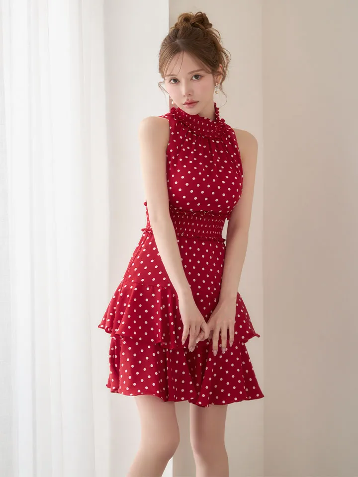 【GINZA COUTURE/銀座クチュール】フラワープリント/ シャーリング/ フリル/ ノースリーブ/ ハイネック/ Aライン/ フレア/ ワンピース/ ミニドレス/ キャバドレス2