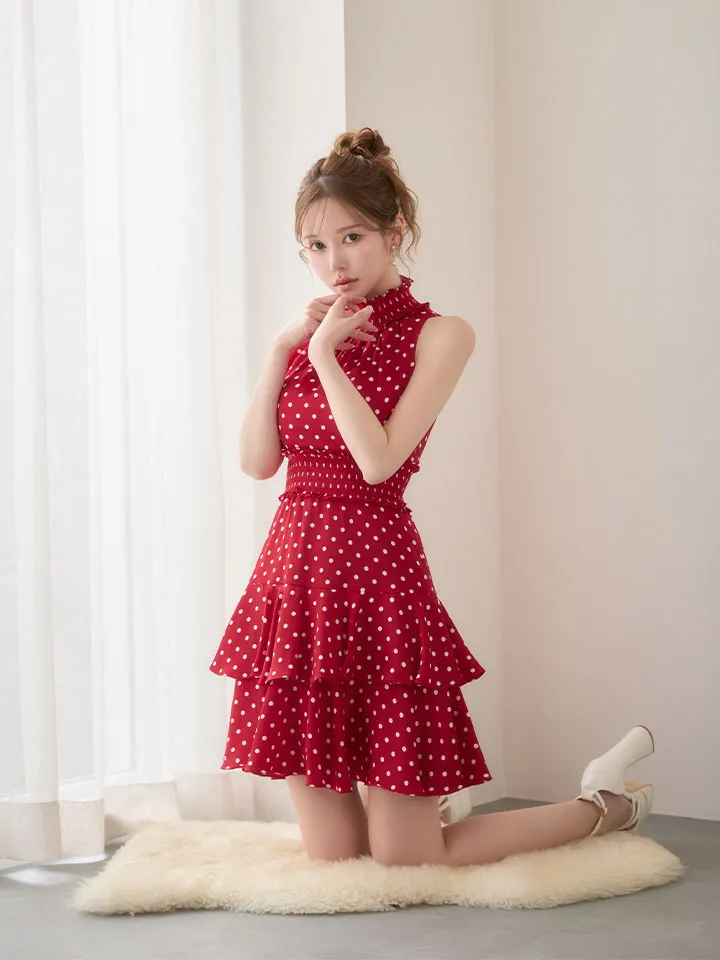 【GINZA COUTURE/銀座クチュール】フラワープリント/ シャーリング/ フリル/ ノースリーブ/ ハイネック/ Aライン/ フレア/ ワンピース/ ミニドレス/ キャバドレス3