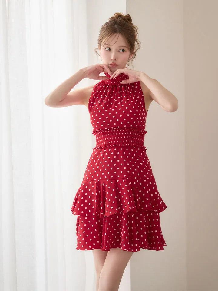 【GINZA COUTURE/銀座クチュール】フラワープリント/ シャーリング/ フリル/ ノースリーブ/ ハイネック/ Aライン/ フレア/ ワンピース/ ミニドレス/ キャバドレス4