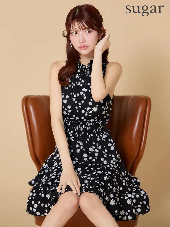 【GINZA COUTURE/銀座クチュール】フラワープリント/ シャーリング/ フリル/ ノースリーブ/ ハイネック/ Aライン/ フレア/ ワンピース/ ミニドレス/ キャバドレス1